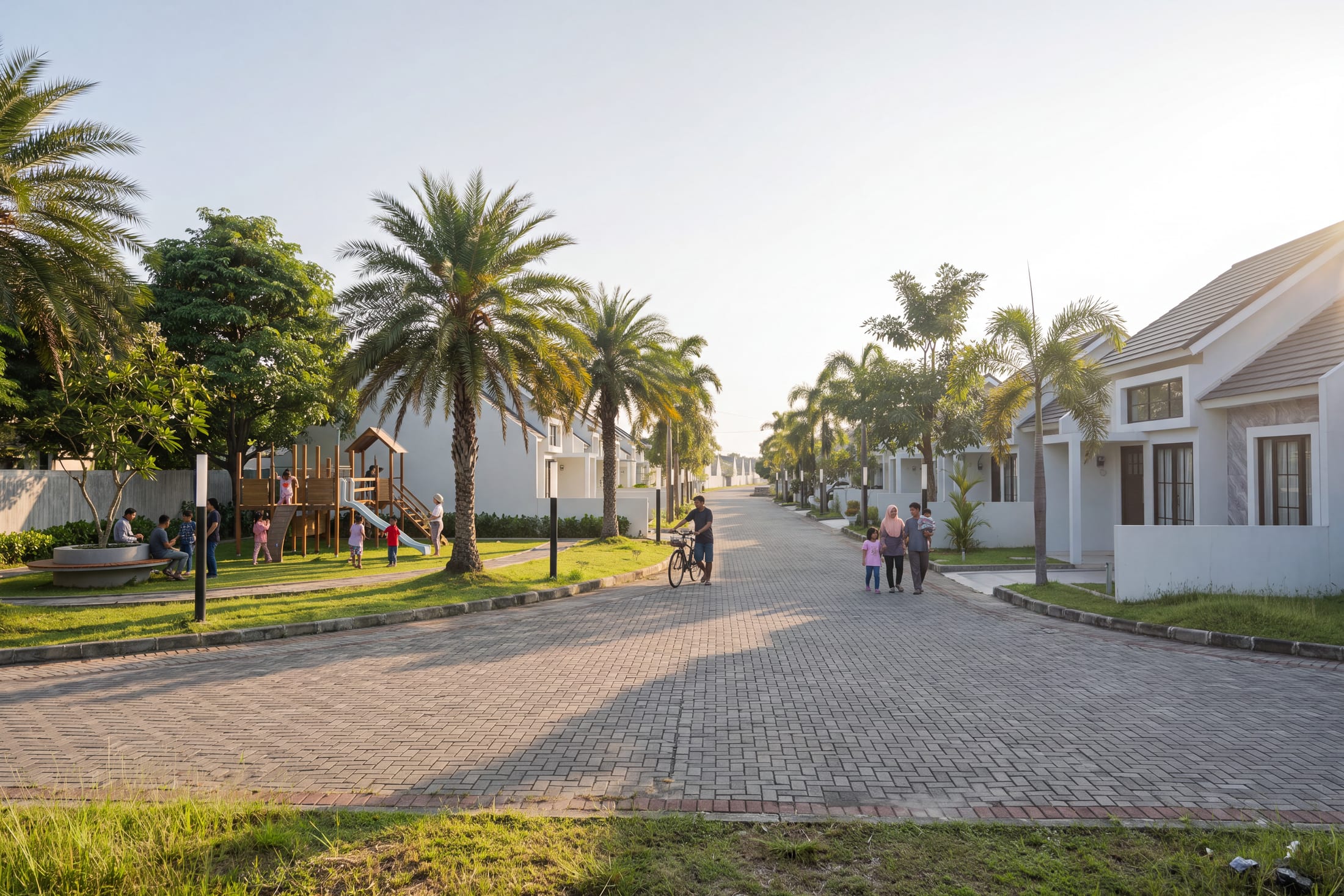 Jalan kawasan hunian dengan taman bermain dan deretan rumah modern di perumahan Sidoarjo